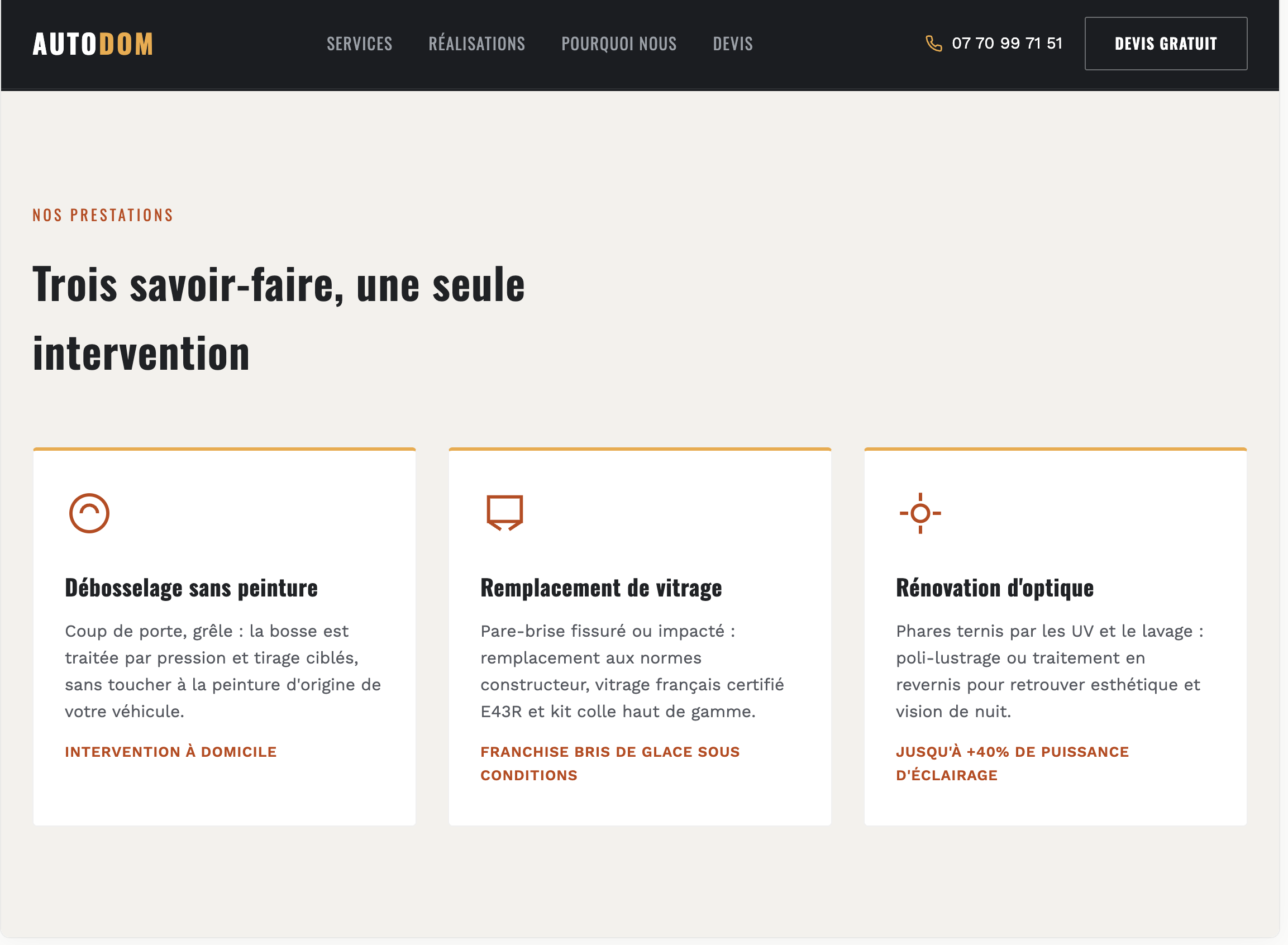 Page prestations du site AUTODOM