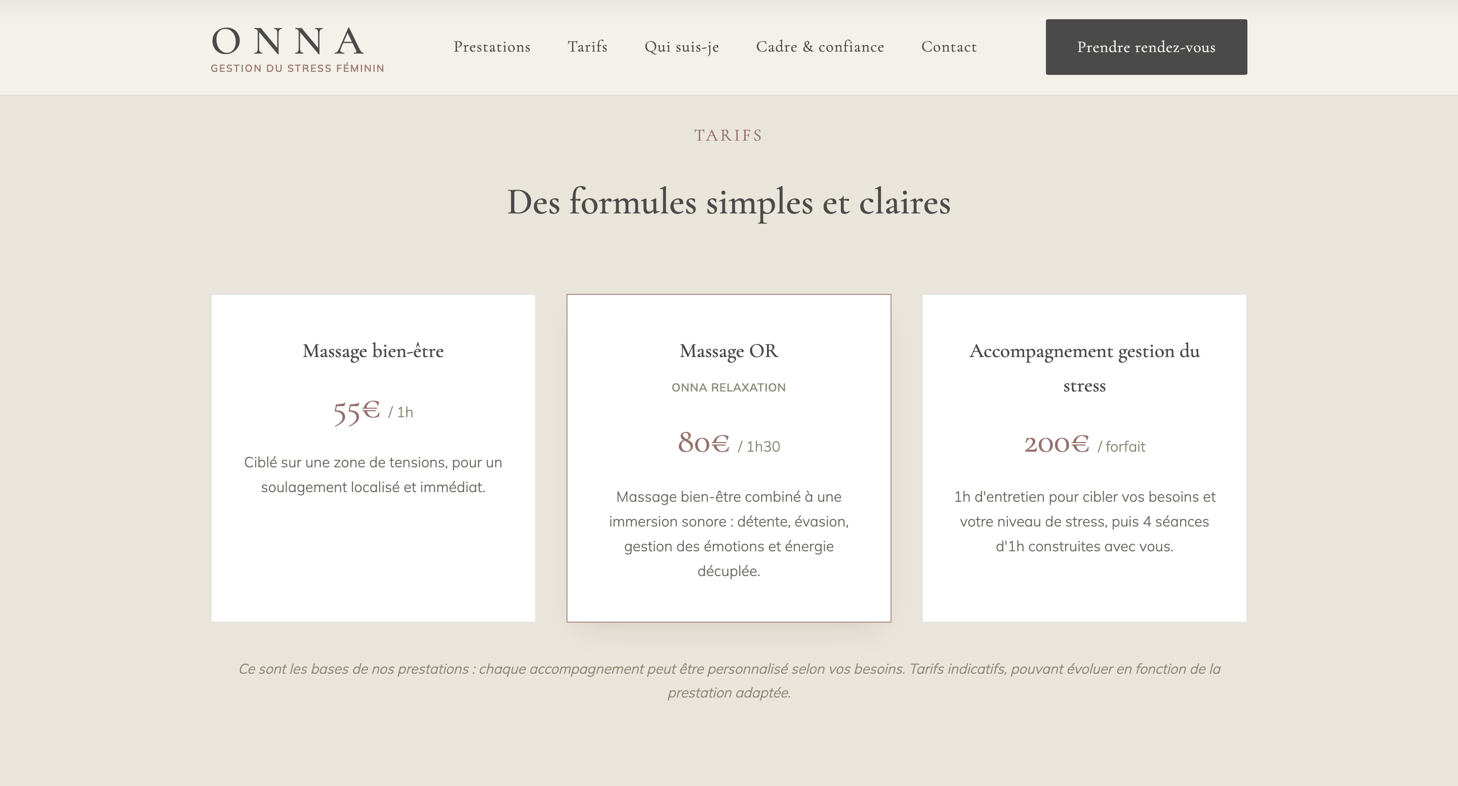 Page tarifs du site ONNA