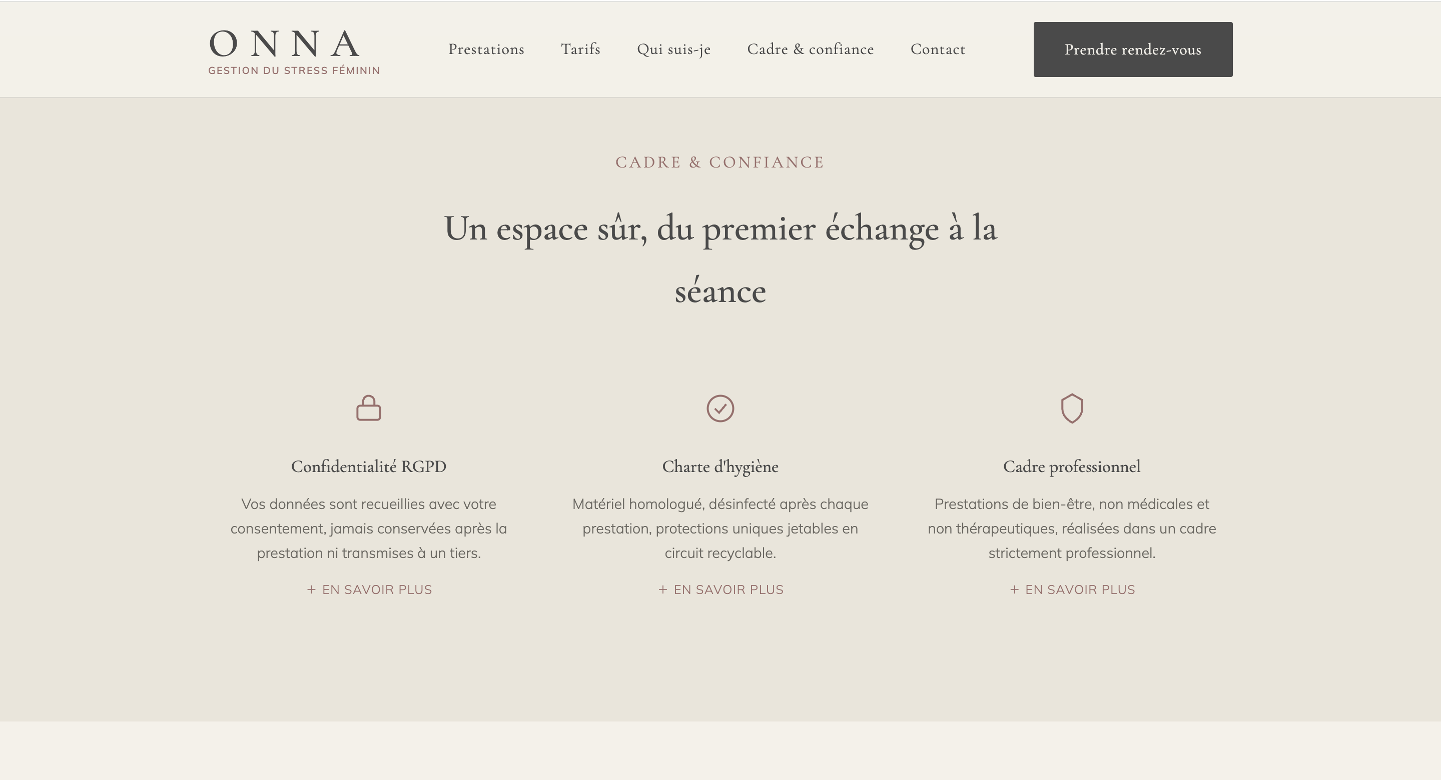 Page cadre et confiance du site ONNA